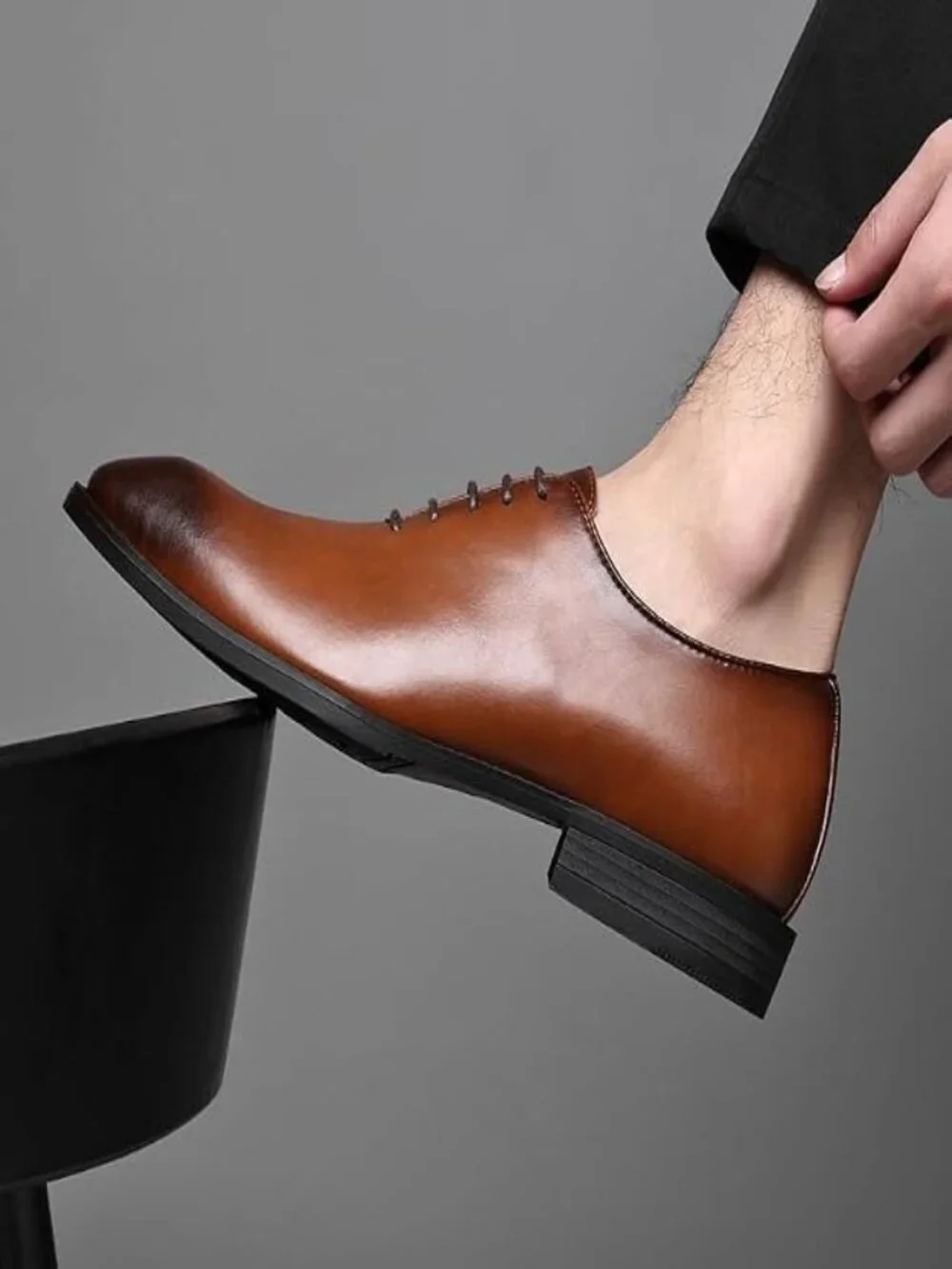 Mens Brown Leather Cap Toe Lace-up Whole-Cut Business Brogue Tuxedo Oxford Shoes